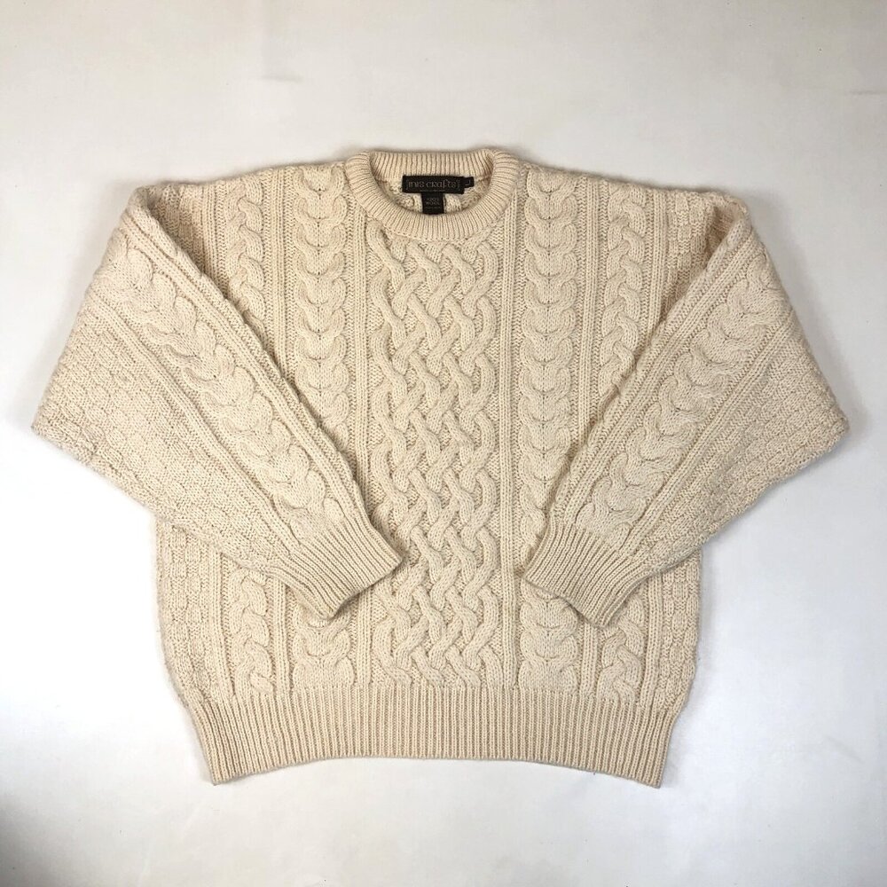 Inis Crafts Mens Merino Wool Fisherman Crewneck Sweater Made in Ireland Large - Picture 1 of 6